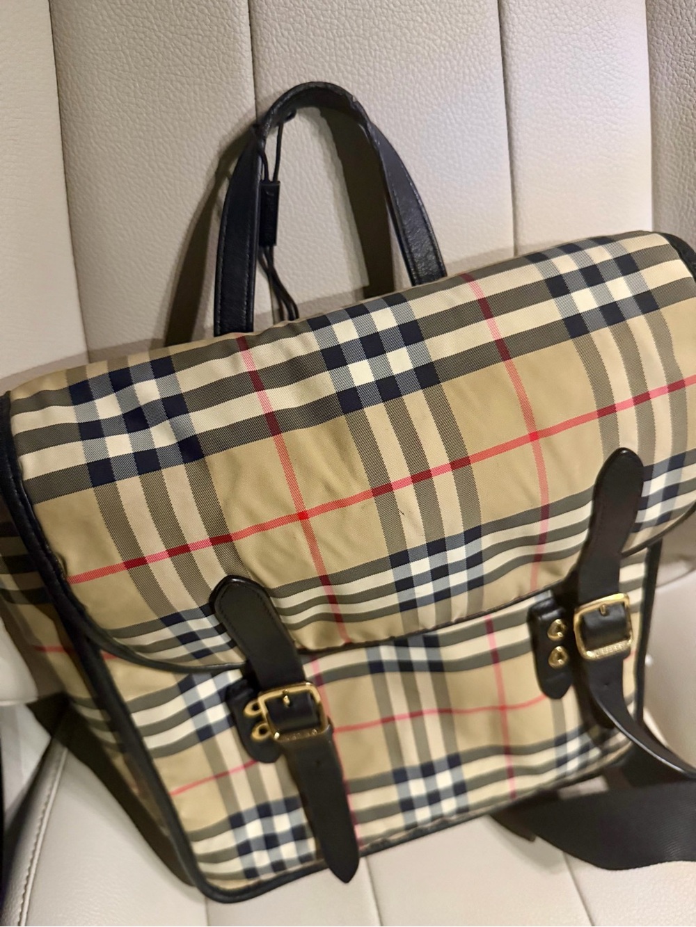 Burberry Beige Plaid Kids Backpack with Dark Brown Trim